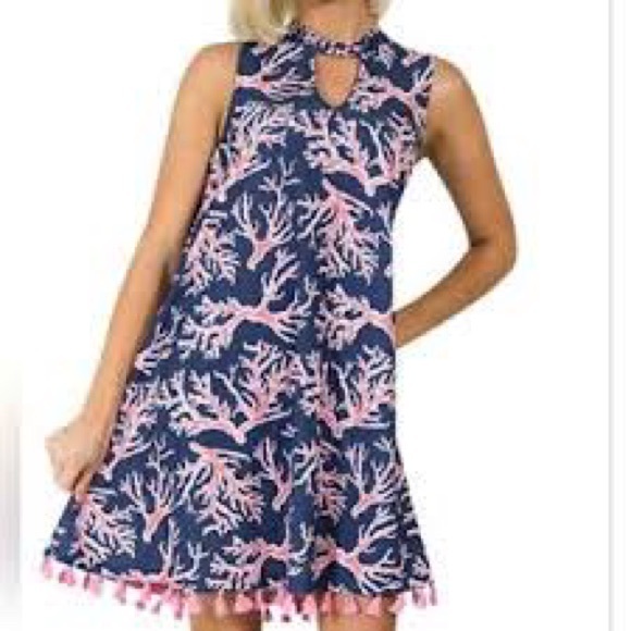 🌿 Simply Southern Pink & Navy Coral Print Dress with Tassel Hem - Picture 7 of 7